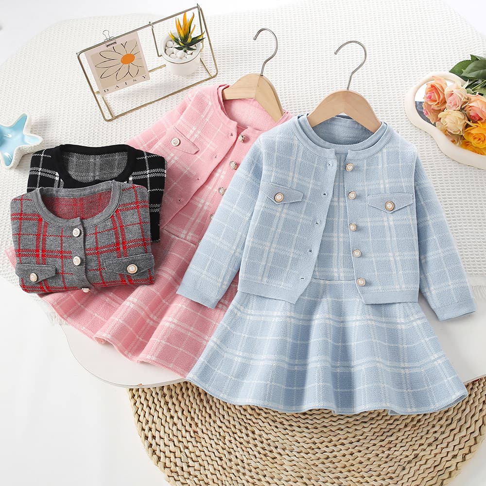 Children's Sweater Set, Autumn/Winter New Style, Girl's Chanel-Style Plaid Two-Piece Set, Korean Style Fashionable Dress and Jacket