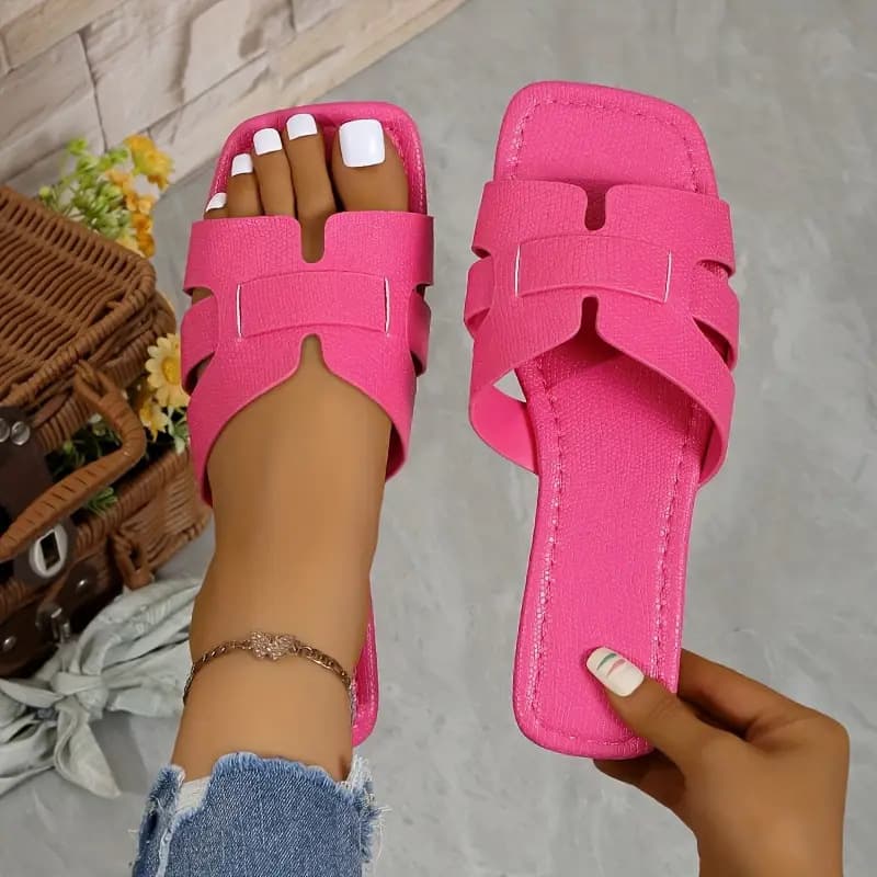 Cross-border Square Toe H-Pattern Flat Sandals for Women, Simple and Versatile Non-Slip Casual Vacation Flip-Flops