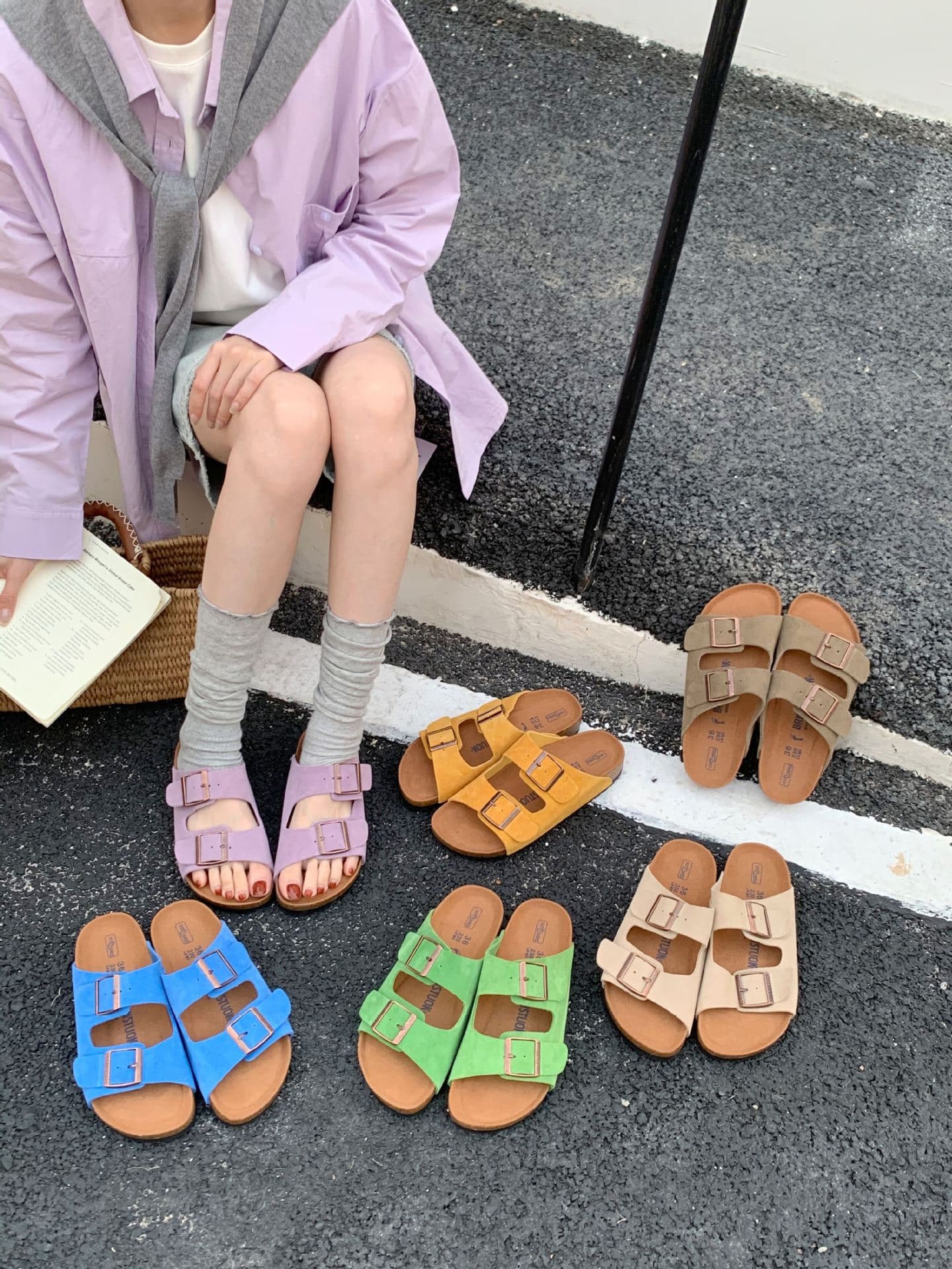 Women's Genuine Leather Sandals 2026 Summer New Retro Cork Thick Sole Birkenstock Style One-Strap Sandals
