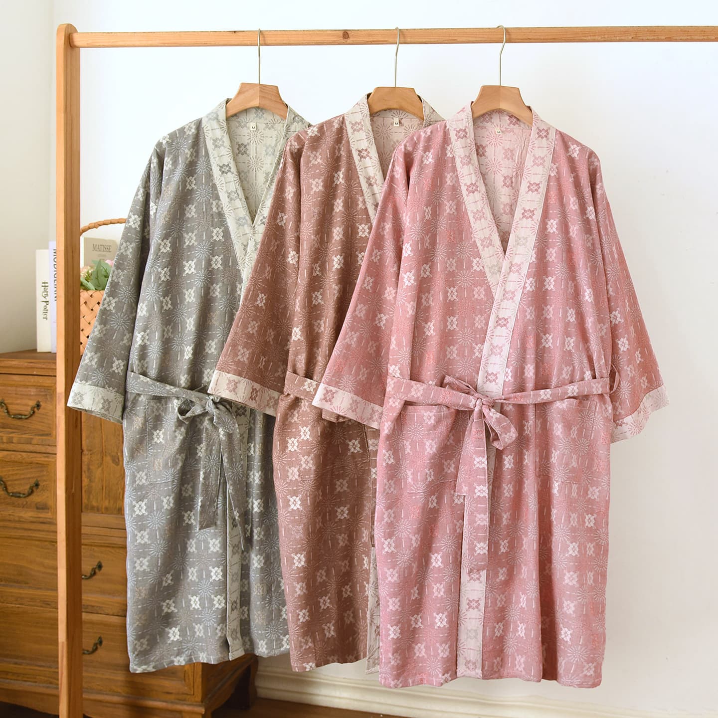 Women's Pure Cotton Double-Layer Gauze Jacquard Bathrobe, Spring and Autumn Thin Japanese-Style Kimono Sleepwear, Absorbent Bathrobe, Sauna Wear