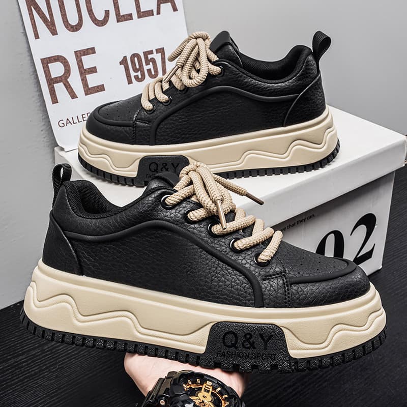 Trendy Men's Spring Sports Casual Leather Bread Shoes, Student Thick Sole Heightening Anti-Slip Black Flat Shoes