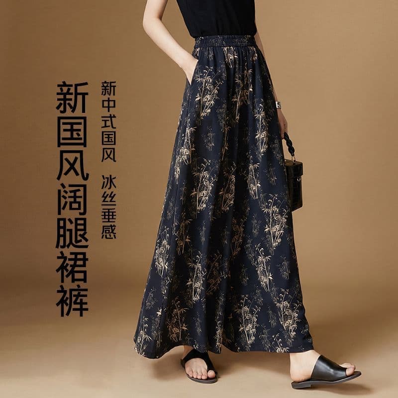 New Chinese Style Wide-Leg Culottes for Women 2026 Summer Lightweight Elastic Waist Loose Drapey Casual Cropped Wide-Leg Pants