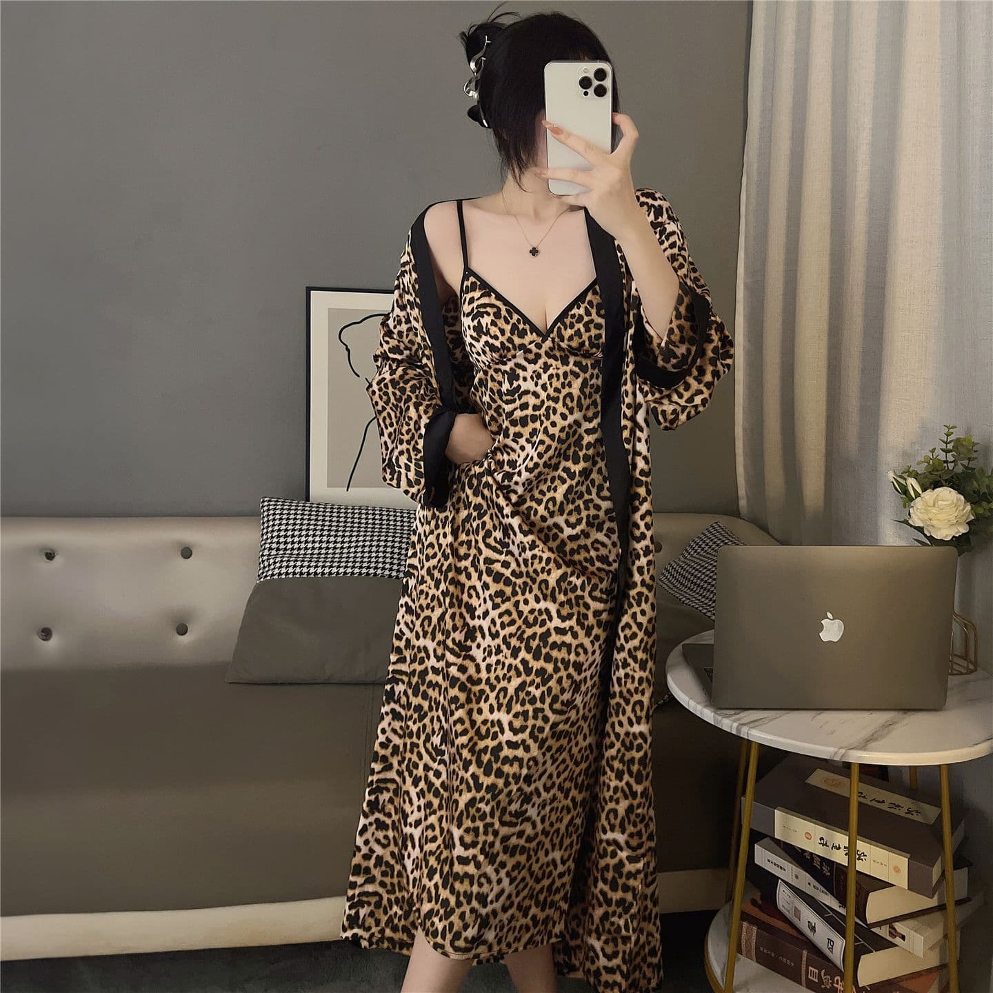 Long Leopard Print Sleepwear Set with Padded Bra for Women, Sexy and Pure Style, Ice Silk Camisole Nightgown with Outer Robe, Loungewear Set