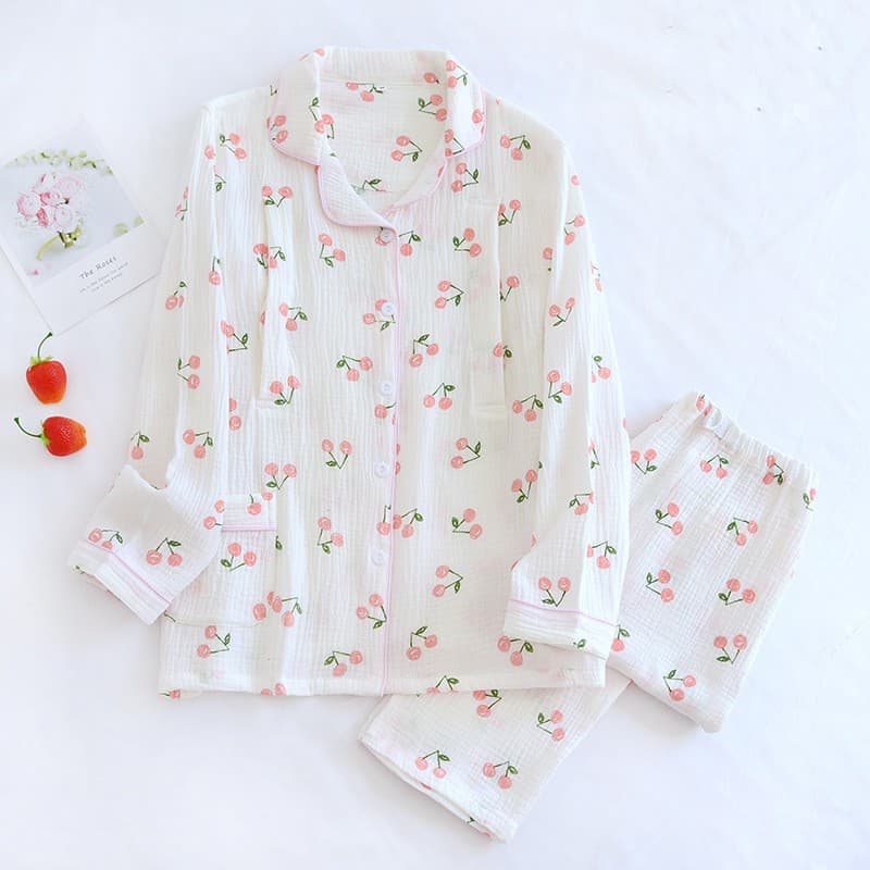 Soft Washed Crepe Nursing Pajama Set Cotton Notched Lapel with Nursing Opening Maternity Wear Four-Season Thin Breastfeeding Top