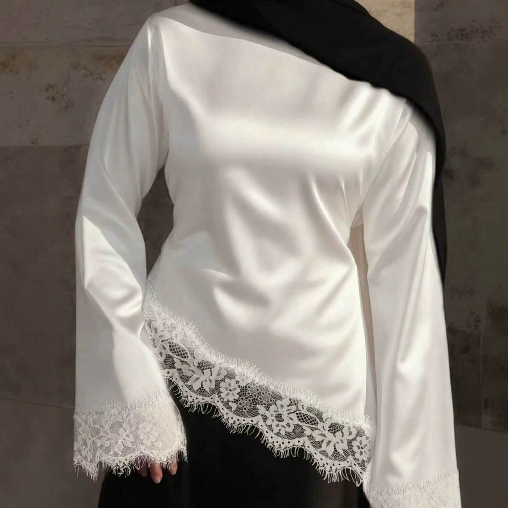European and American cross-border Amazon independent station women's elegant lace splicing asymmetric hem spring and summer long-sleeved shirt