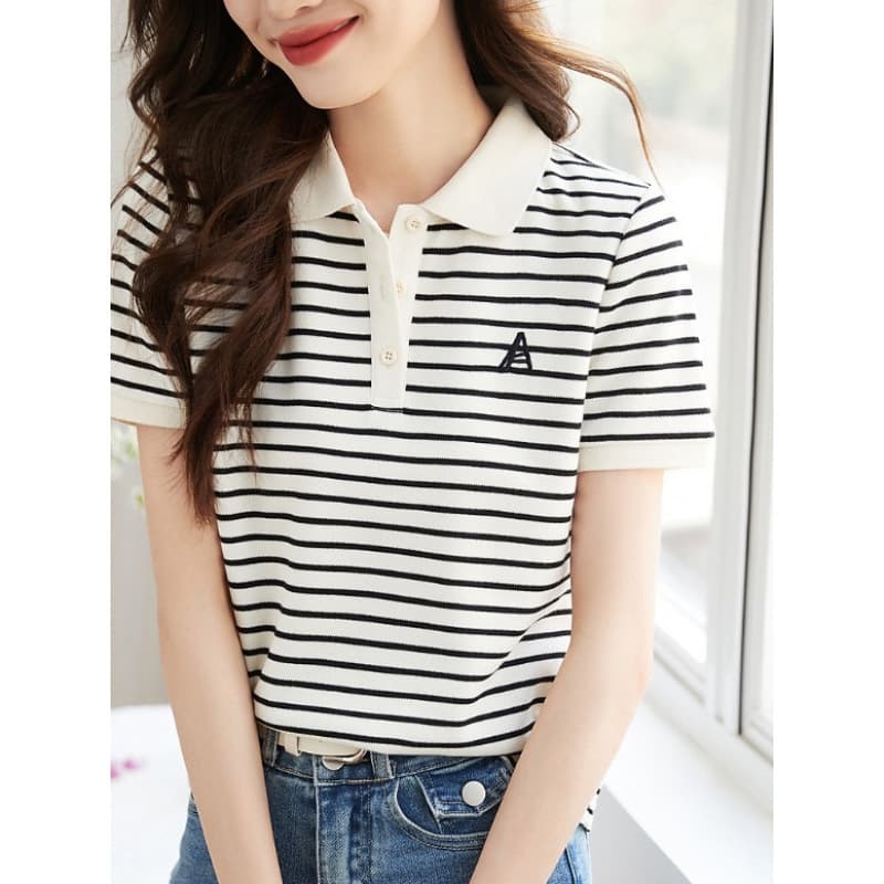 2026 Foreign Trade Summer New Casual Comfortable Striped Color-Block Polo Collar Short-Sleeve T-Shirt Korean Fashion Versatile Top for Women