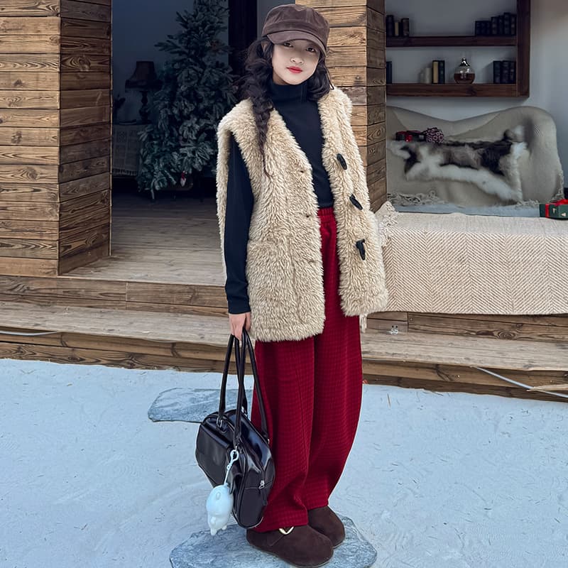 KZ1700 Girls Casual Pants Korean Style Autumn and Winter New Fashionable Red New Year Thickened Wool Straight Pants for Large Children