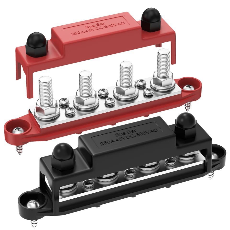 RV/Yacht 4-Way, 6-Way 250A Red Black Busbar, Copper Stud Wiring Distribution Block, Cross-Border Terminal Block