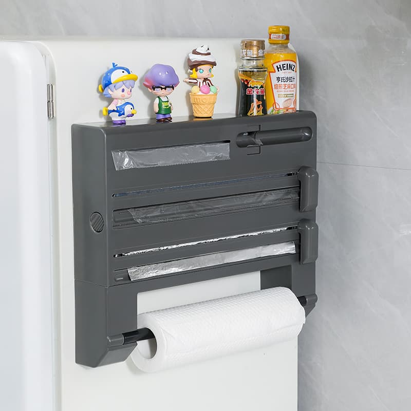 Kitchen 6-in-1 Plastic Wrap Cutter, Paper Towel, Trash Bag, Tape, and Aluminum Foil Storage Rack
