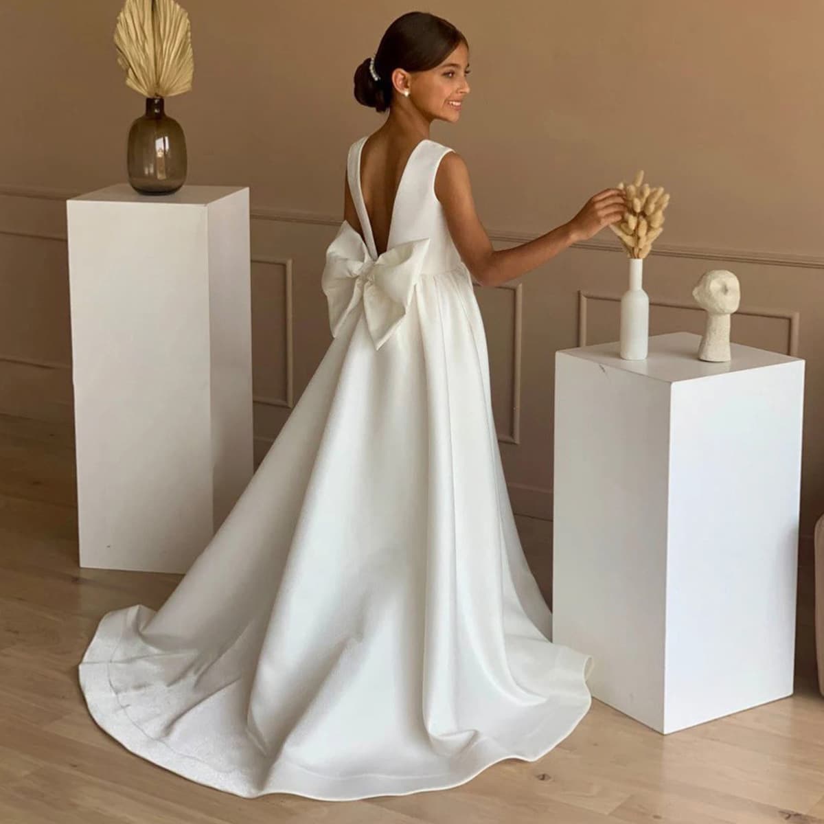 Cross-border foreign trade children's satin tail princess dress girl's birthday dinner piano host performance long evening dress
