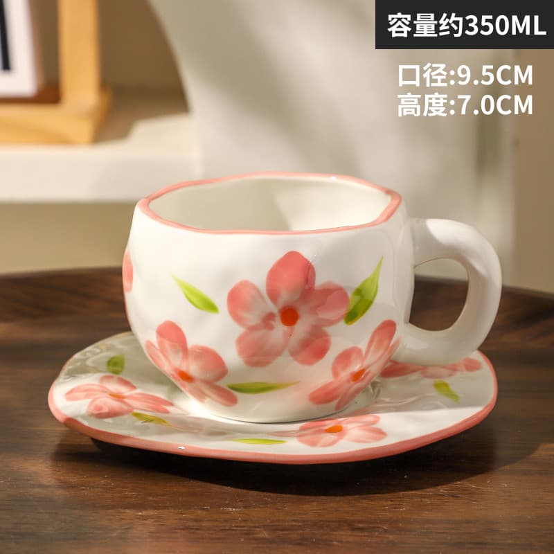 Ins-style Ozon Cross-border Hand-painted Heart-shaped Vintage Floral Irregular Coffee Cup and Saucer Afternoon Tea Ceramic Cup and Saucer