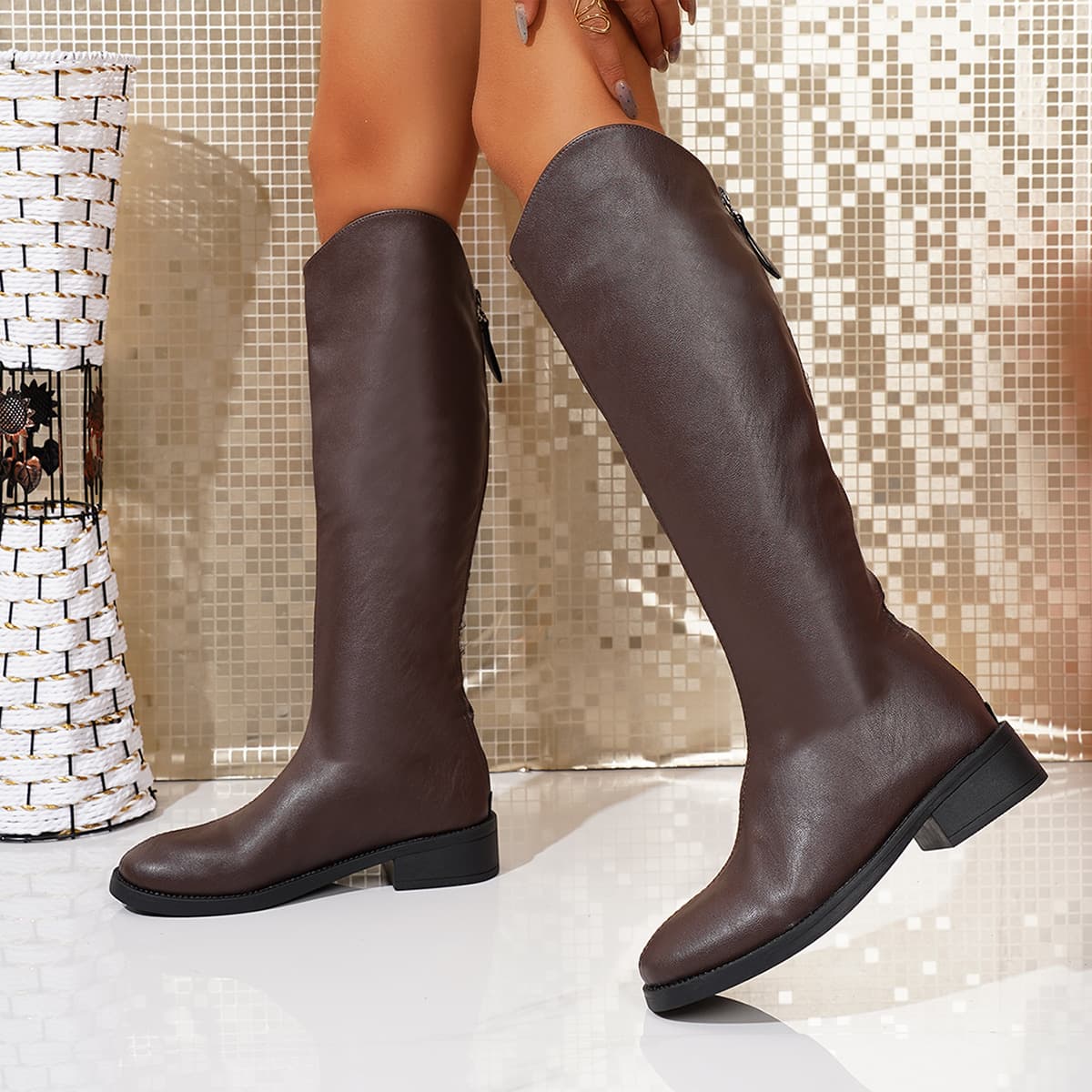 Plus Size Long Boots Women's Riding Boots 2026 Fall Winter Chunky Heel Slim Boots Round Toe Knee-High Boots