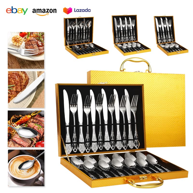 Stainless Steel Knife Fork Spoon Royal Court Western Tableware 24/18 Piece Set Hollow Cutlery Gift Wooden Box Set