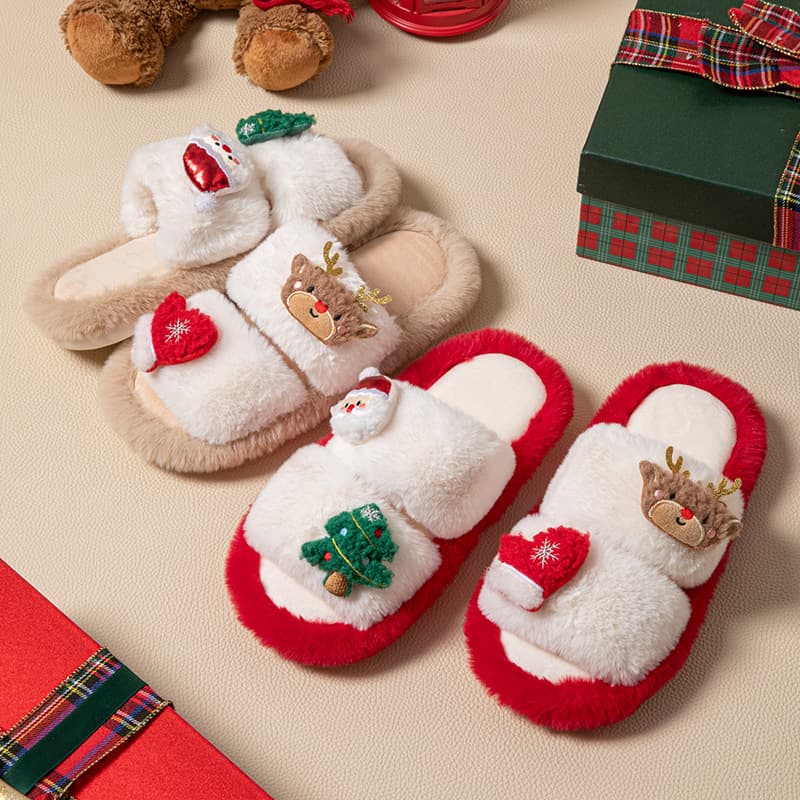Cross-border Amazon Christmas Cartoon Double Bar Cotton Slippers Creative Christmas Contrast Color Plush Slippers
