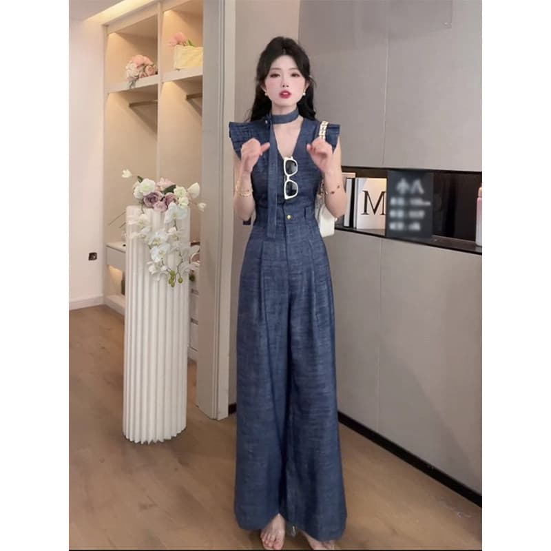 Korean Style Fashion Denim Jumpsuit for Women 2026 Summer New Trendy Flutter Sleeve Straight Wide Leg Long Pants