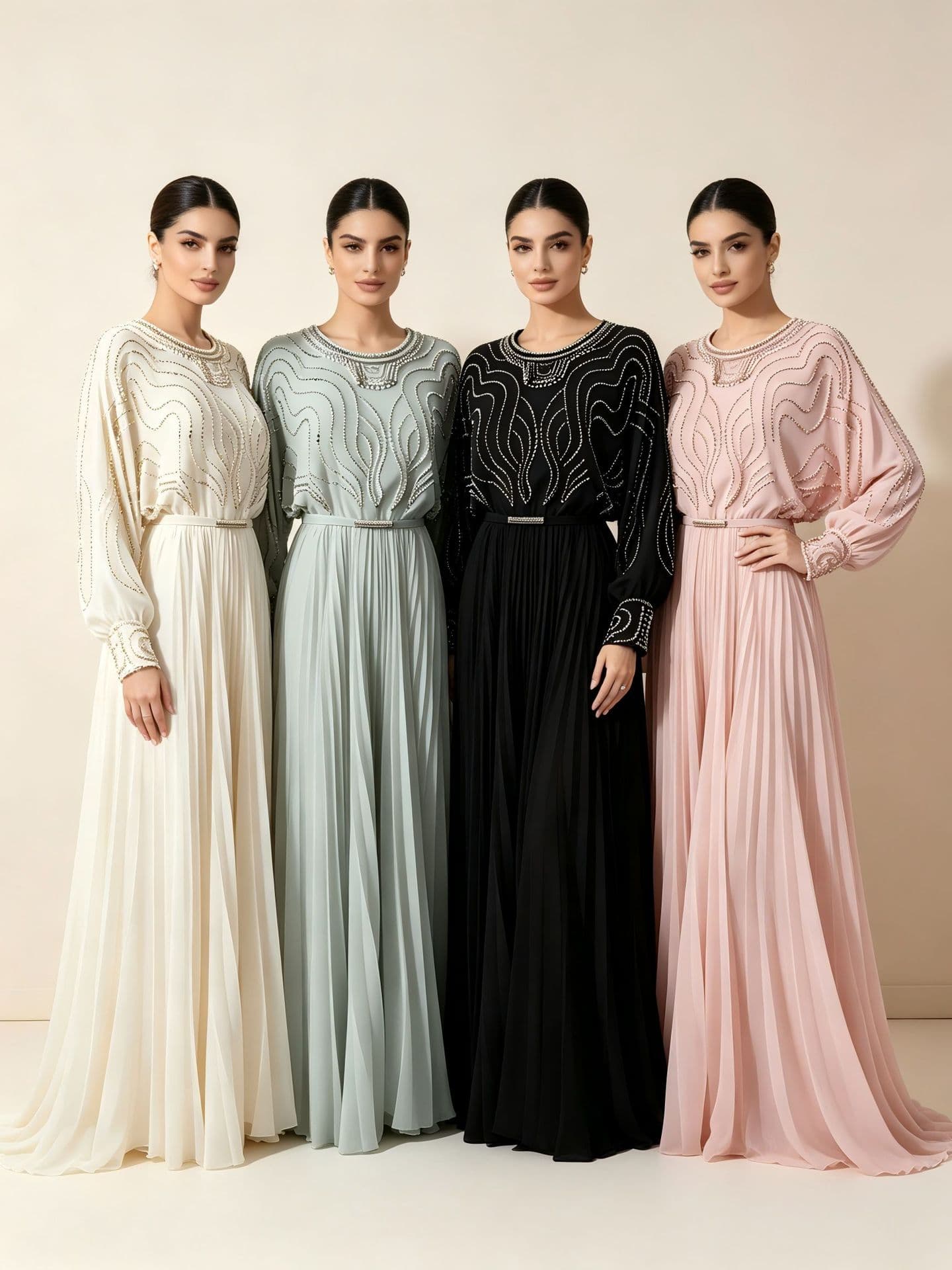 In Stock Heavy Beaded Rhinestone Pleated Dress Elegant Modest Long Gown Evening Banquet Conservative Figure-Flattering Maxi Dress