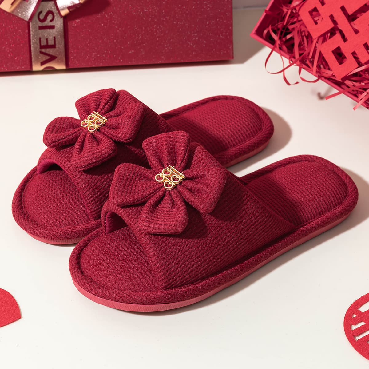 Lidani Wedding Slippers, Festive Red Couple Slippers for Spring and Autumn, Light Luxury Newlywed Red Slippers