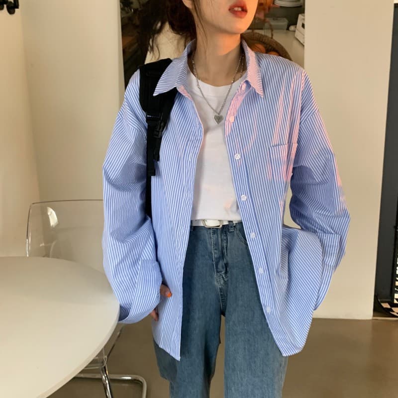 Blue striped long-sleeved shirt jacket for women spring and autumn 2026 new loose slimming cardigan casual shirt