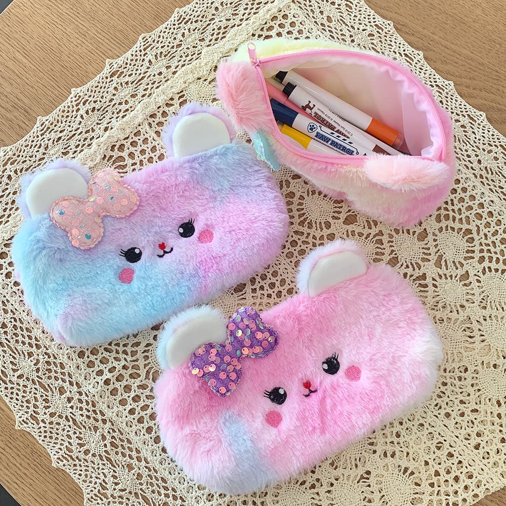 New Cute Colorful Bow Bear Pencil Bag Plush Girly Heart Student Pencil Stationery Bag Gift Wholesale