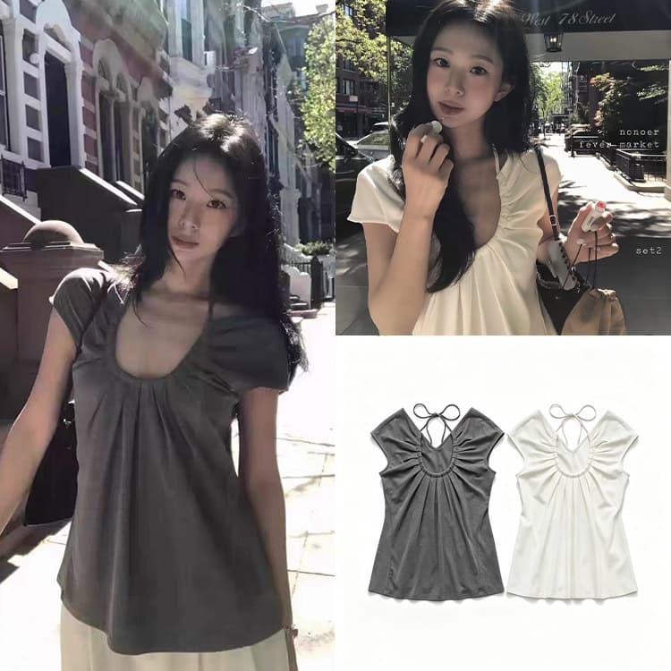 Fan Sun·Xh Korean Style Fever-Inspired Short-Sleeve T-Shirt, Dongdaemun Summer New Lace-Up U-Neck Slimming Top for Women