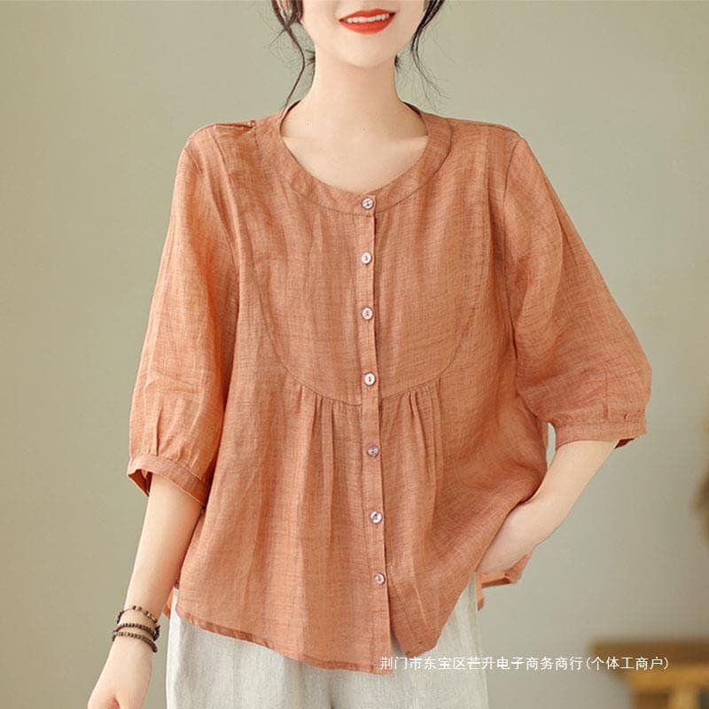 Plus Size Women's Cotton Linen Short Sleeve T-Shirt Summer New Concealing Top Linen Loose Fit Mother's Summer Wear