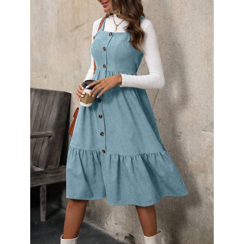 2025 Wholesale Drop Shipping Women Dresses Solid Color Single-Breasted Ruffle Hem Casual Style