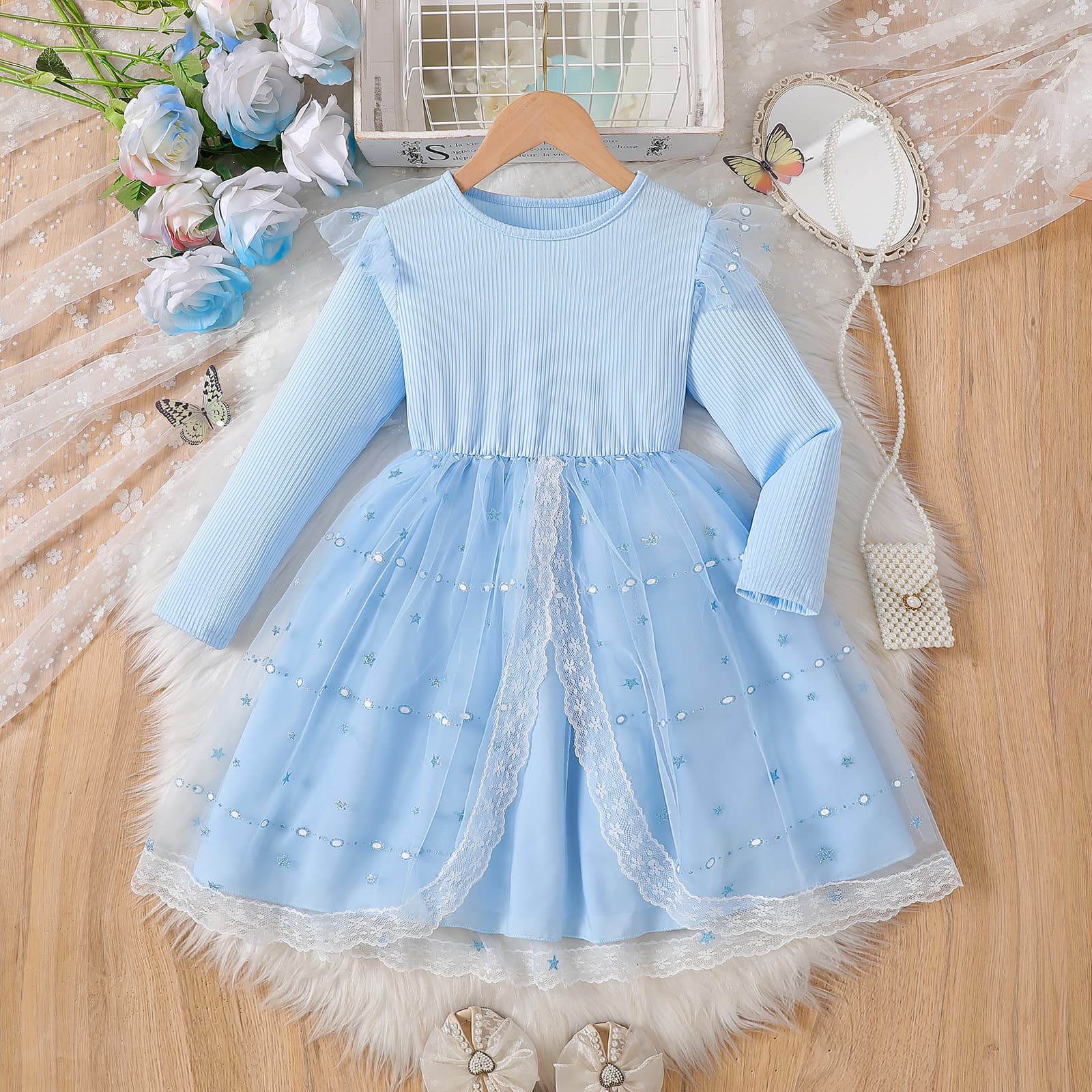 Girls Frozen Elsa Star Mesh Princess Dress 2026 Autumn and Winter New Children's Long Sleeve Birthday Dress