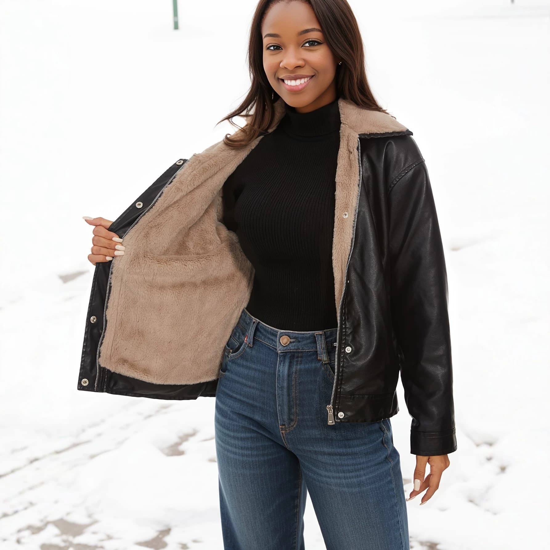 New Autumn/Winter Women's Short PU Leather Jacket with Lined and Thickened Sheepskin Fur, Integrated Fur and Leather Biker Jacket