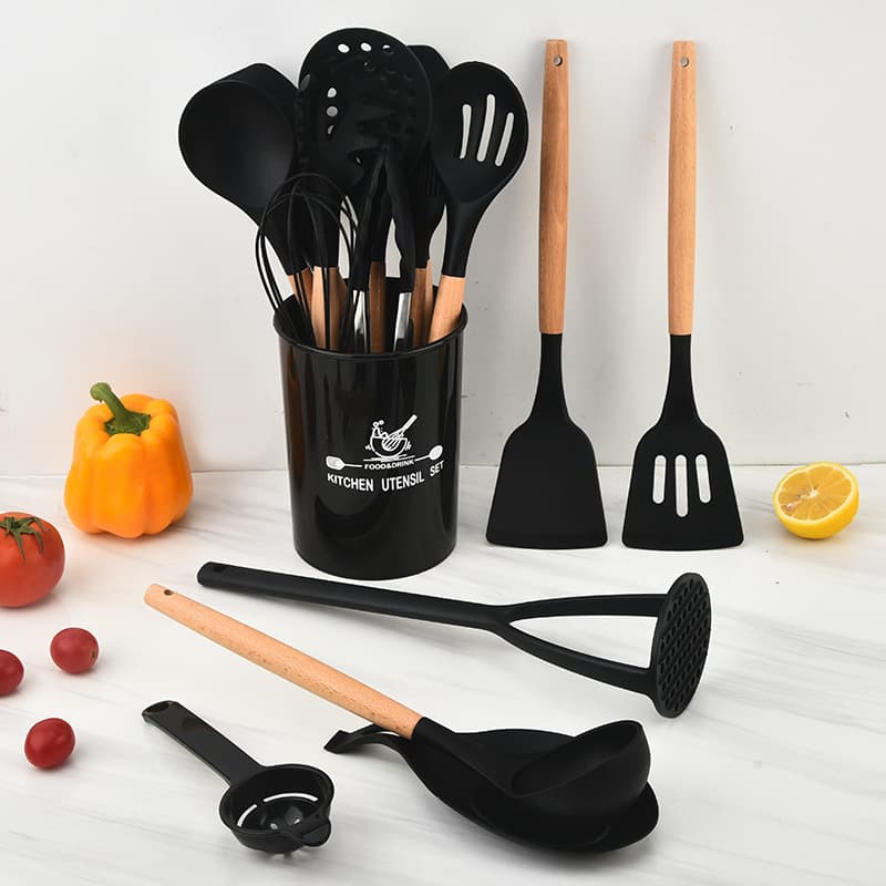 Wooden handle silicone kitchenware 16 pieces wooden handle silicone kitchenware set non-stick spatula spoon household spoon spatula set wholesale