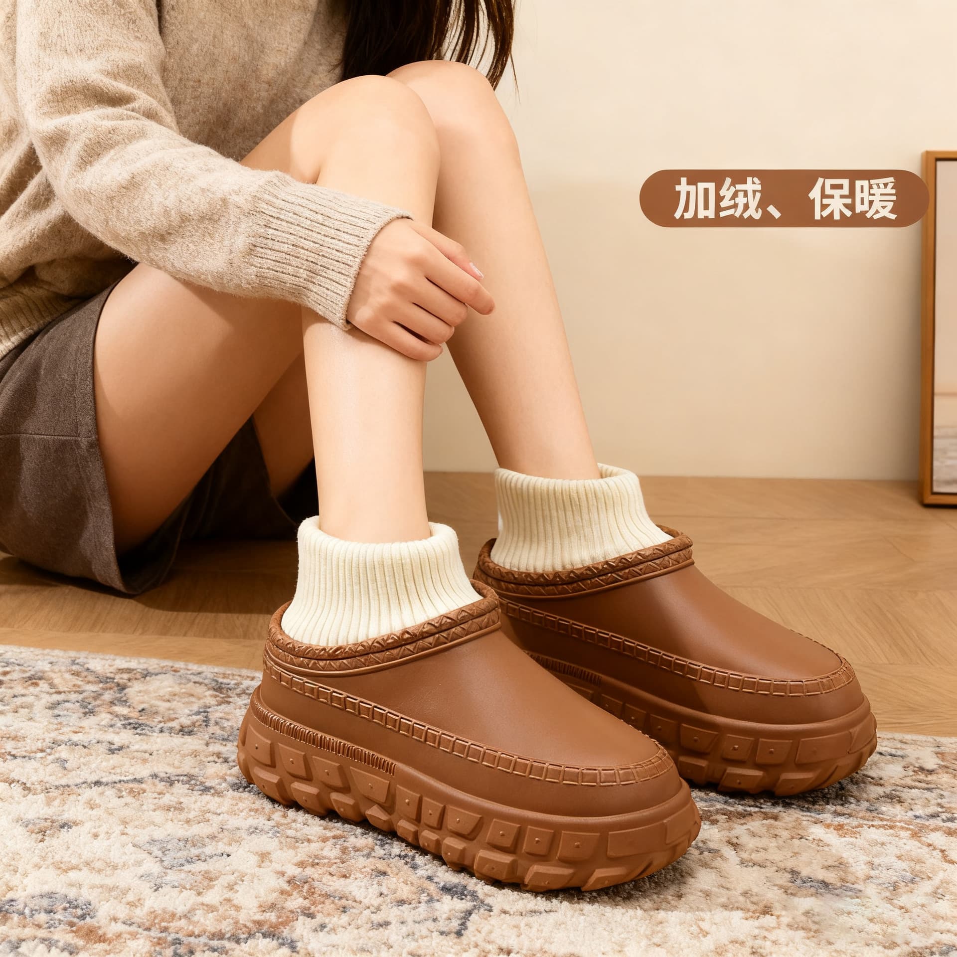 Eva Thick-Soled Fleece-Lined Waterproof Cotton Shoes for Women, Thickened and Height-Increasing Women's Shoes for Autumn and Winter, Outdoor Wear, Cotton-Padded Non-Slip Full-Cover Cotton Slippers