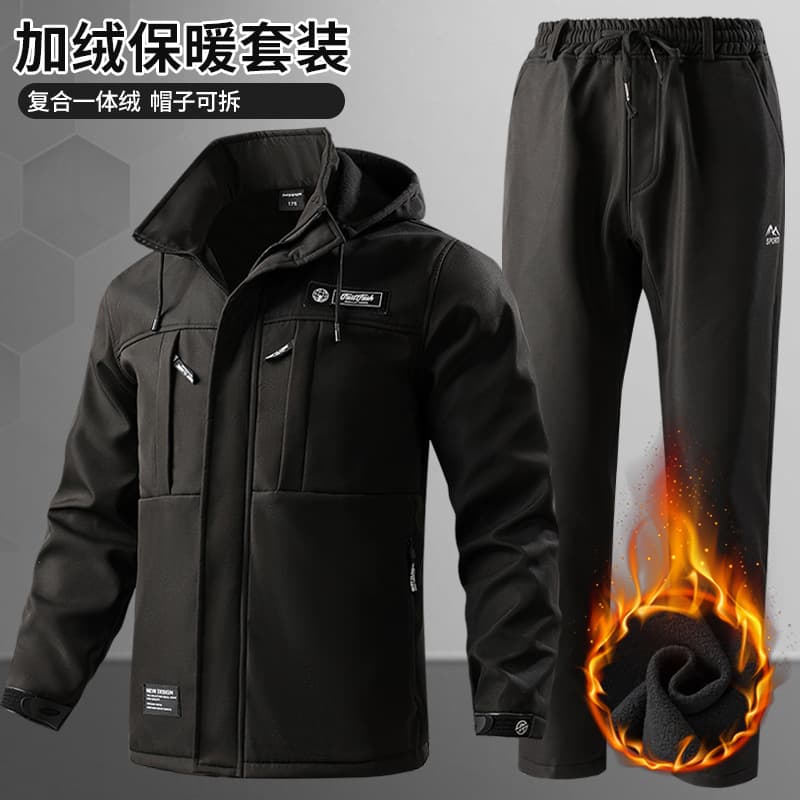 Autumn and winter fleece-lined water-repellent windproof jacket, work clothes, wear-resistant cycling, delivery, fishing, and warm suit