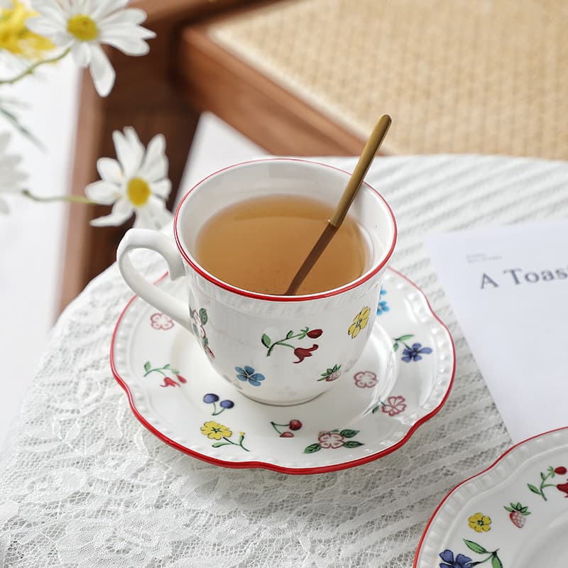 Hand-Painted Floral Ceramic Coffee Cup and Saucer Set, Creative Ceramic Coffee Cup, Large Capacity Breakfast Cup, Advertising Cup