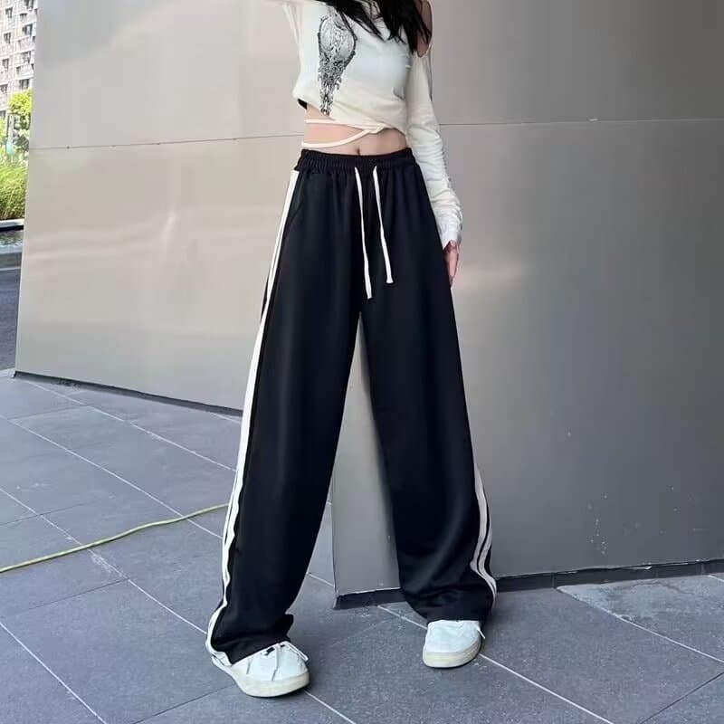 Korean Style Women's Sports Pants Autumn Fleece Lined Loose Straight Leg Pants Thickened Casual Wide Leg Pants Black Winter Patchwork New Student