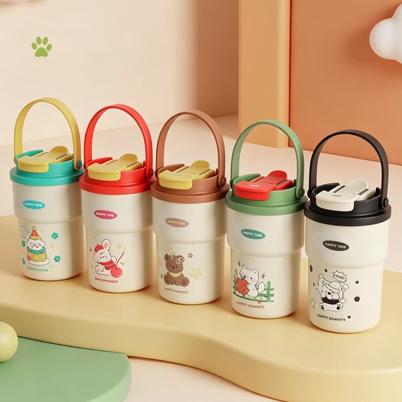 Cute Cartoon Thermos Cup 316 Stainless Steel Handle Portable Water Cup for Students and Children High-Looking Compact Coffee Cup