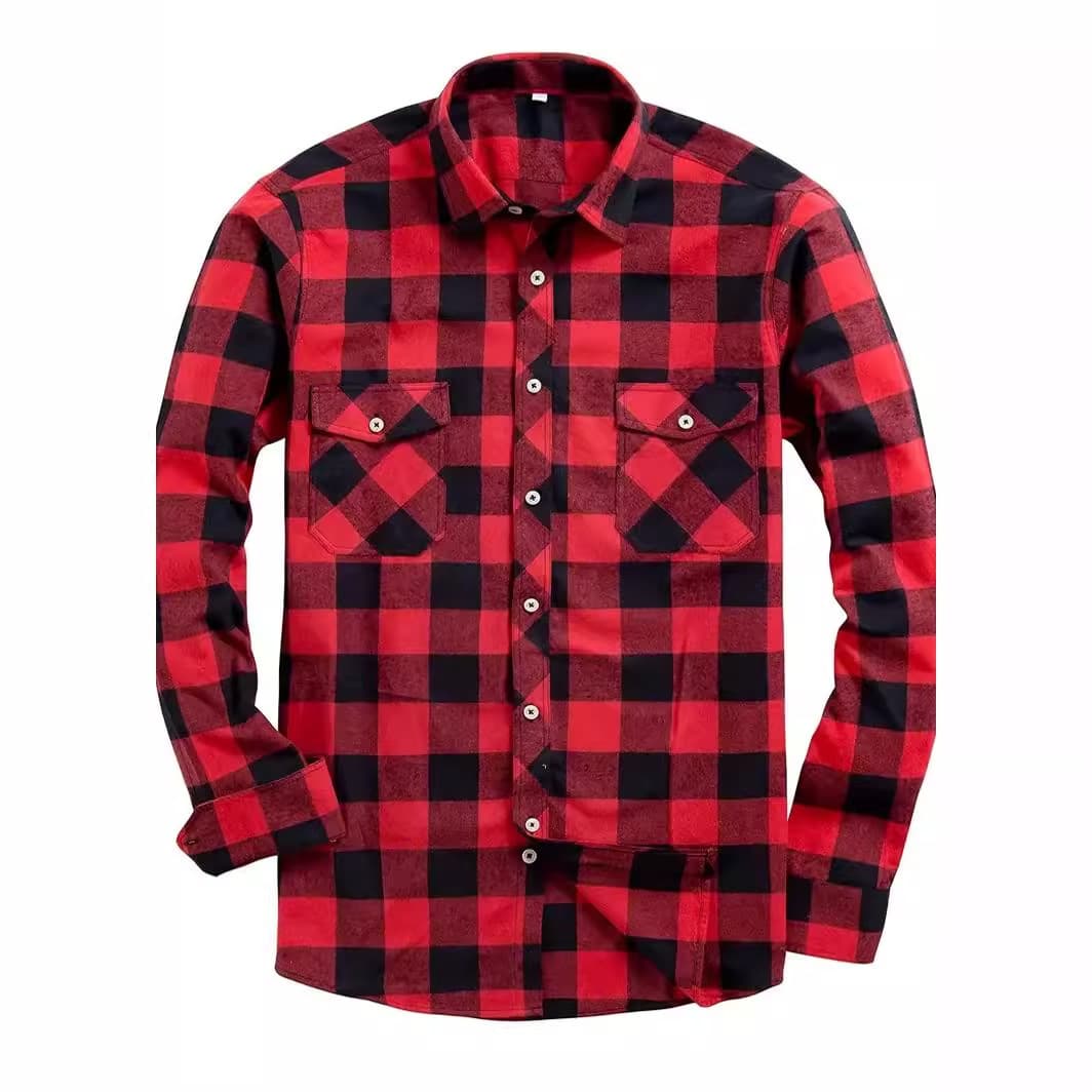 2025 Fall New Amazon Men's Plaid Shirt Double Pocket Flannel Casual Plaid Shirt