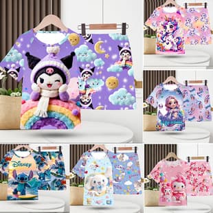 Children's Pajama Short Sleeve Two-Piece Set, Cartoon Kids Homewear Summer Fashion