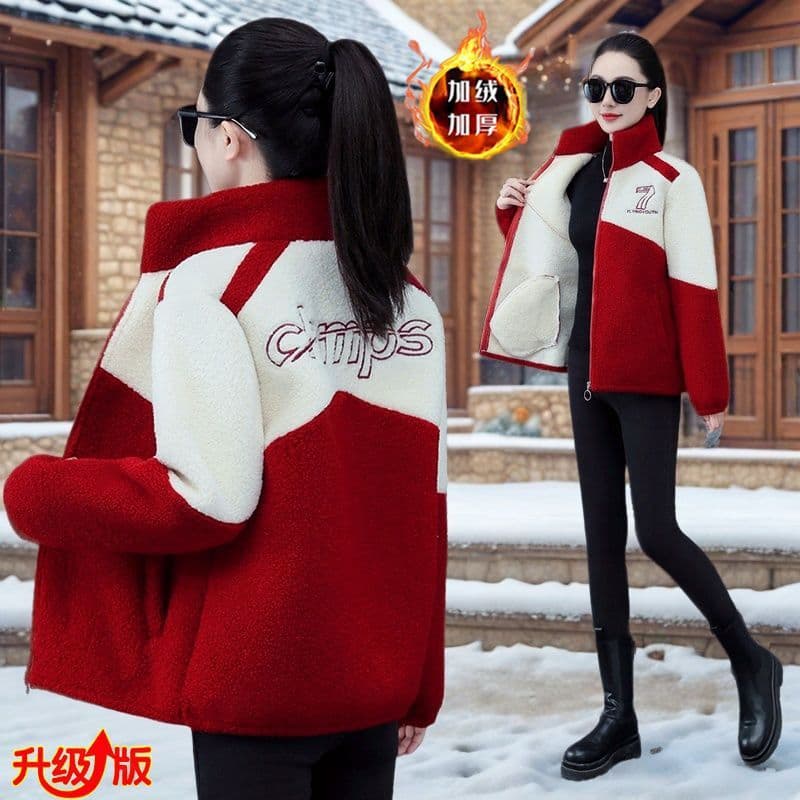 Women's fleece coat, versatile stand collar, fleece-lined, thickened, new autumn/winter style, fashionable color-blocked warm cotton coat.