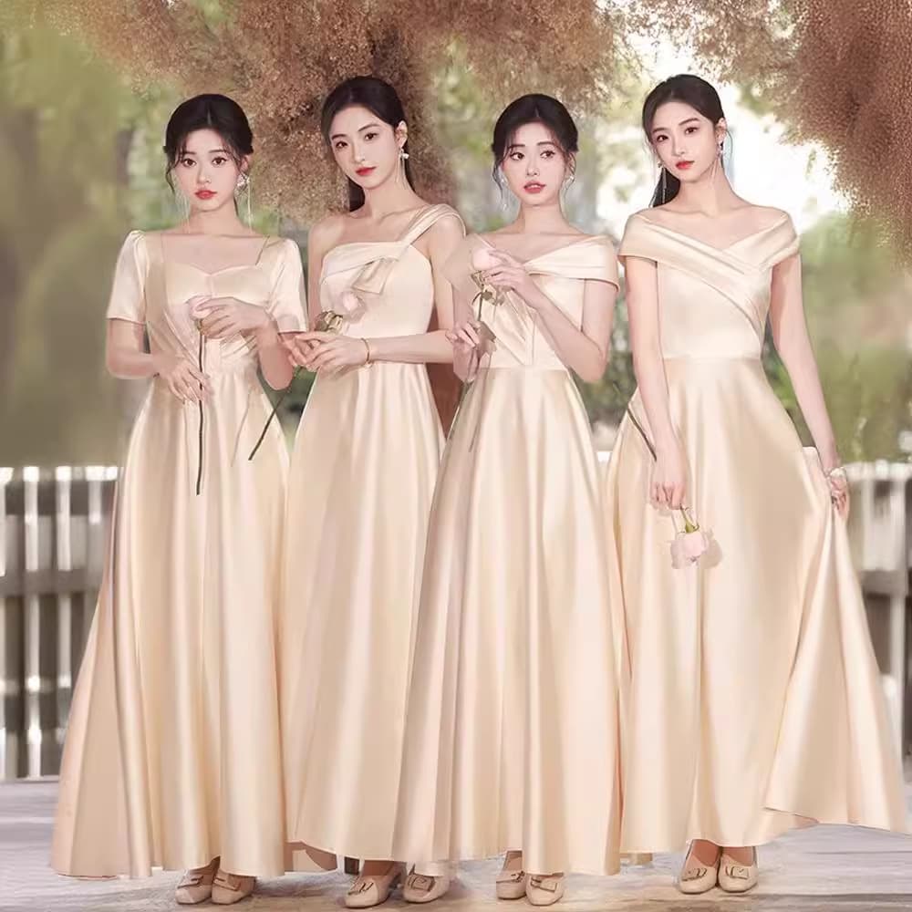 Champagne Bridesmaid Dress 2025 New Summer French Satin Sister Group Wedding Gown, Ethereal Fashion Style for Women