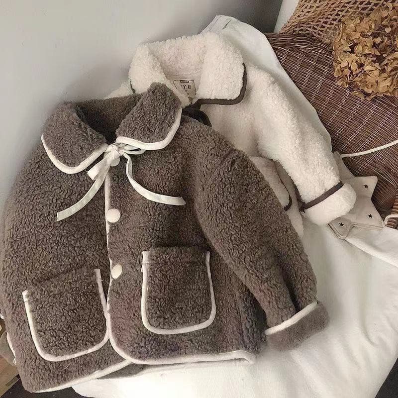 Girls' winter coat, lamb wool and rabbit fur collar sweater, cute and stylish thick cotton coat for winter 2025.