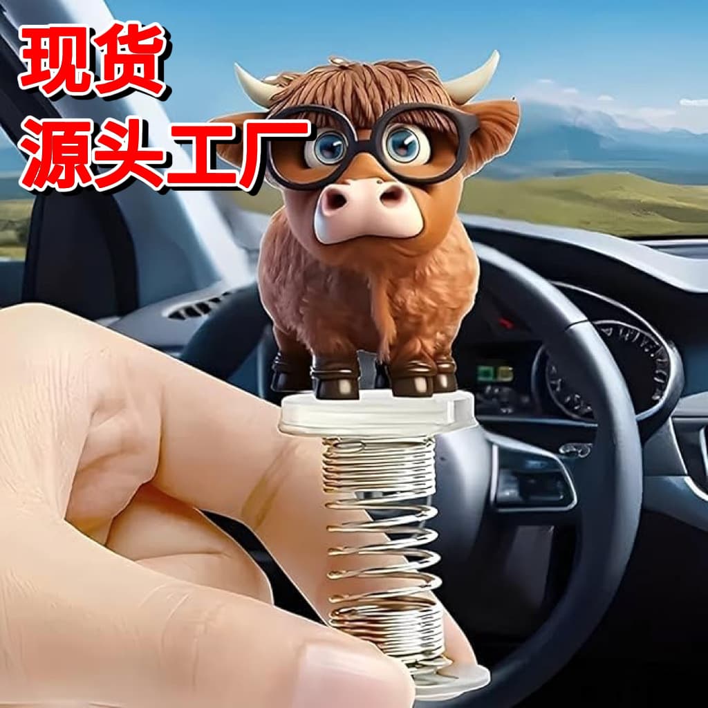 Cross-Border Hot Seller Car Accessories Acrylic Car Decoration Spring Swinging Ornament Highland Cow Design