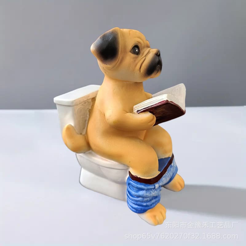 Creative Pug Dog Reading Book on Toilet Seat Funny Resin Figurine Decoration and Unique Home Gift