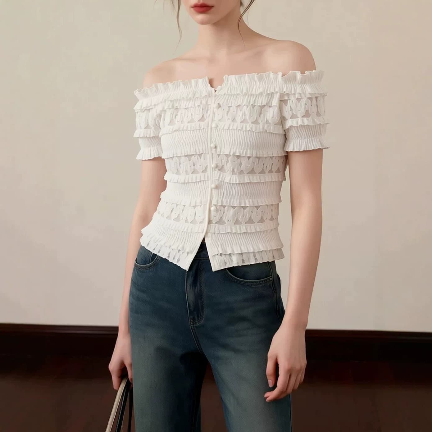 2026 summer women's new style French gentle style one-shoulder earring design shirt women's short short-sleeved top