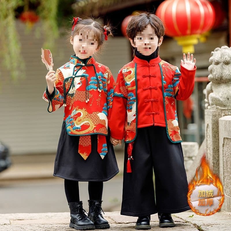 Children's Hanfu Tang suit, new Chinese style, fleece-lined boys' performance costume, New Year's Day performance, girls' siblings' New Year's greeting set