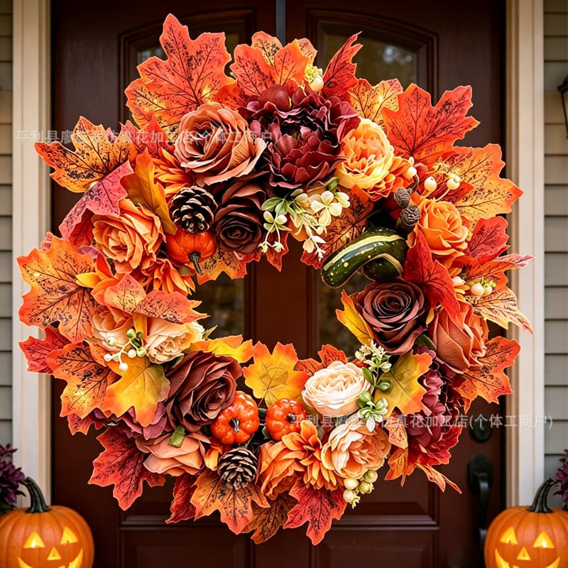 Cross-Border New Halloween Wreath Pumpkin Pinecone Door Hanging Home Decoration Harvest Decoration Thanksgiving Wreath Wholesale