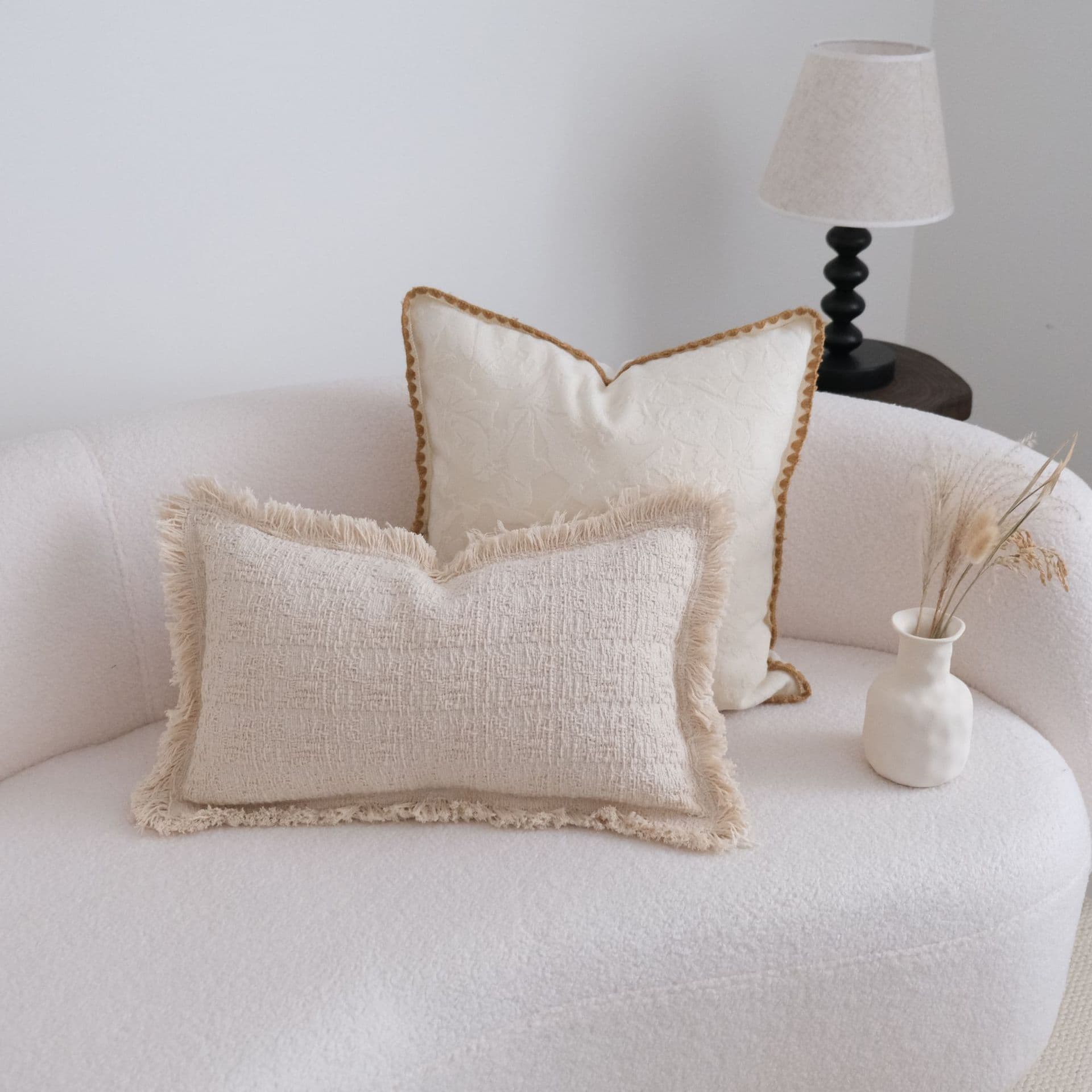 Khaki Lace Trimmed Wabi-Sabi Style Fringe Waist Pillow Cover, Sofa Cushion Cover for Guesthouse, Cotton Linen Pillowcase