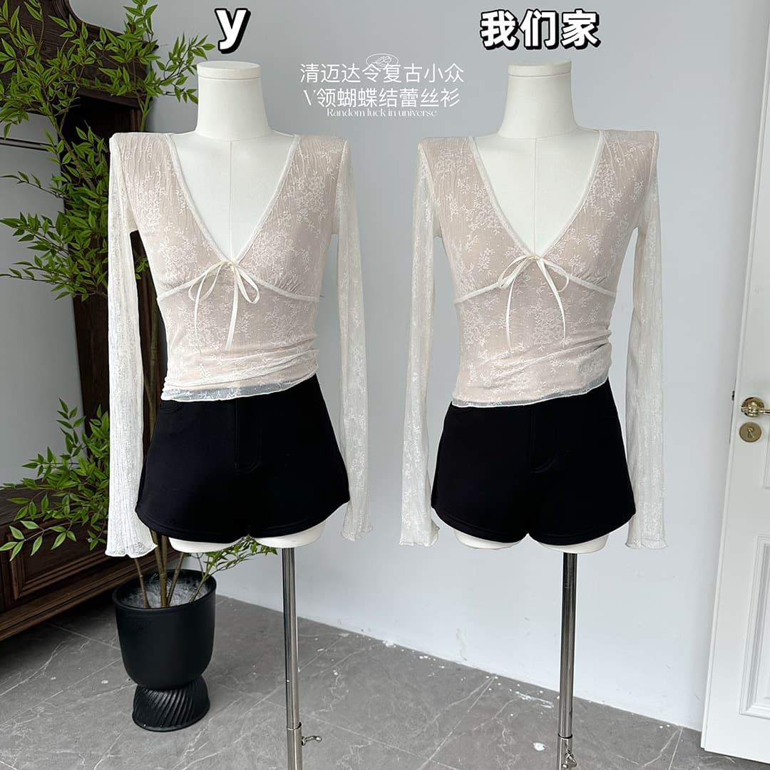 September 5th Mydarling Vintage Design V-Neck Bow Lace Blouse Women Waist Slimming Southeast Asian Patchwork