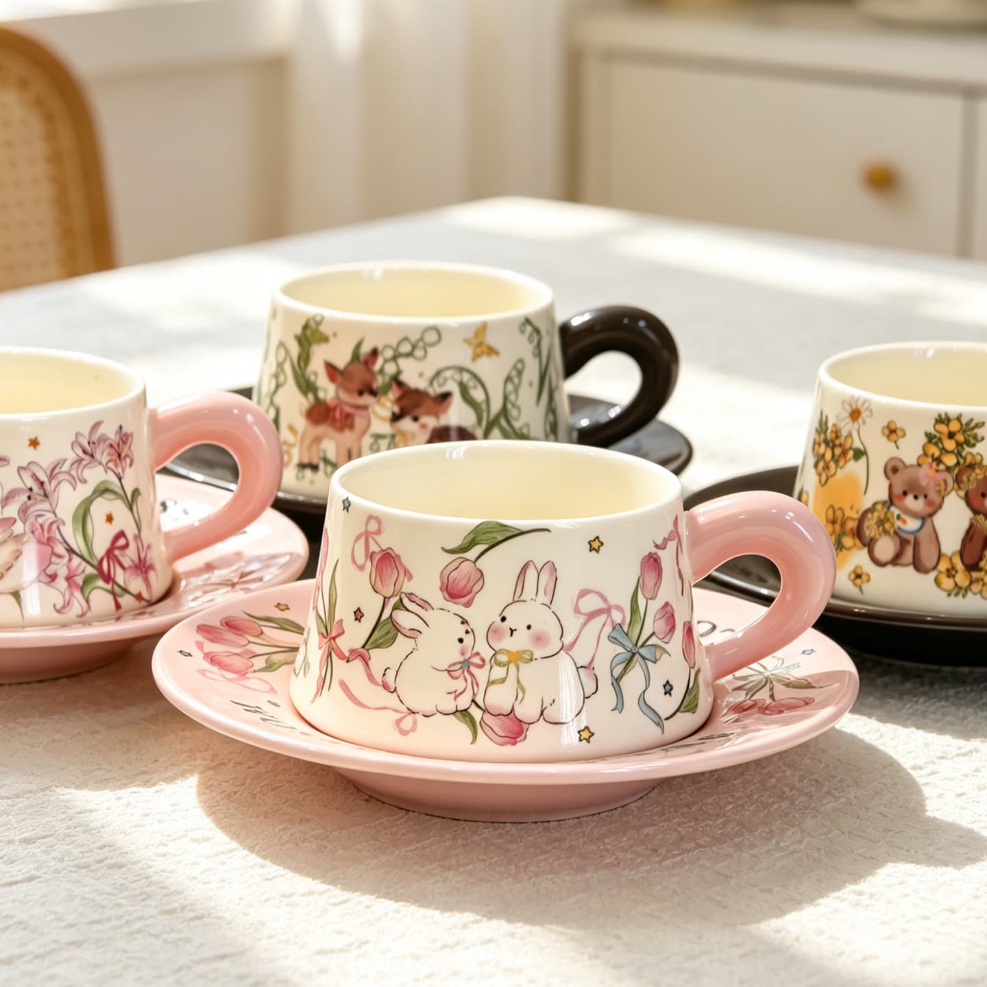 Forest-Themed Saucer Set High-Appearance Ceramic Water Cup for Girls Vintage Girlish Mug Beautiful Home Pastoral Style Coffee Cup