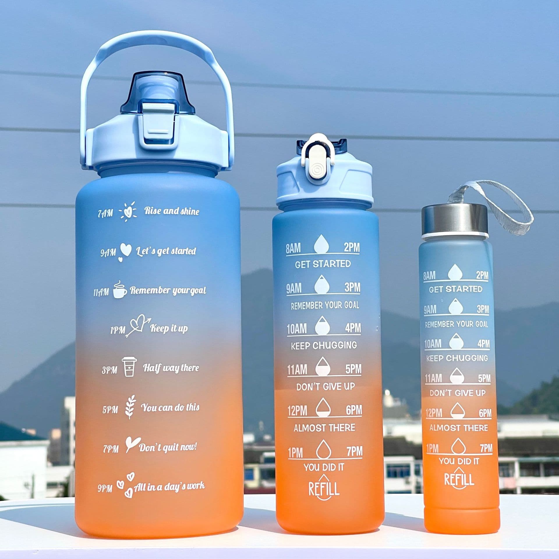 3-Piece Gradient Plastic Water Cup Set, Sports Water Bottle with Pop-Up Lid, Rainbow Stackable Cups, Portable and Leak-Proof