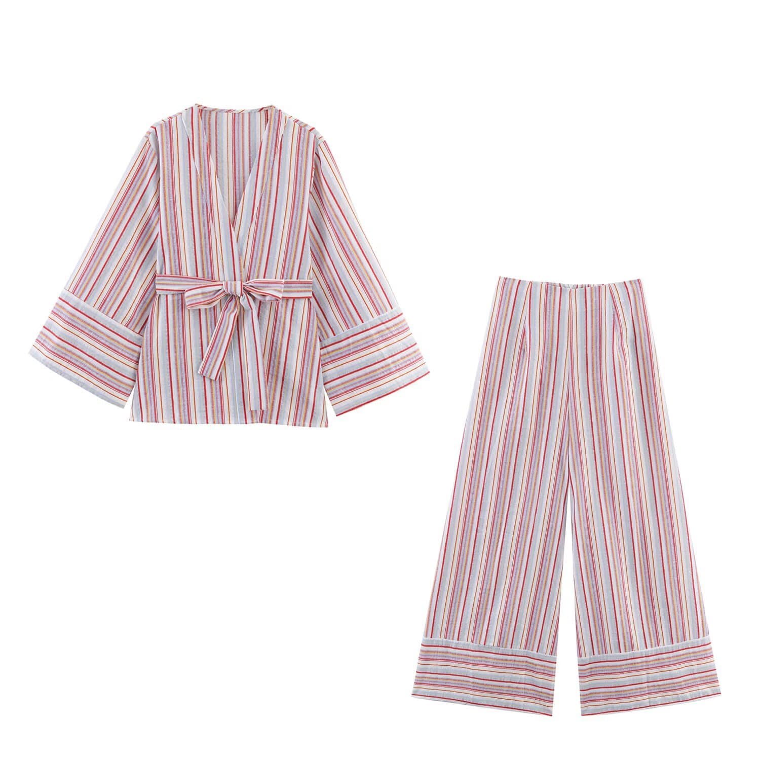 ZA Wholesale Export European American Style Women's Fashionable Commuter Casual Versatile Striped Shirt and Pants Set