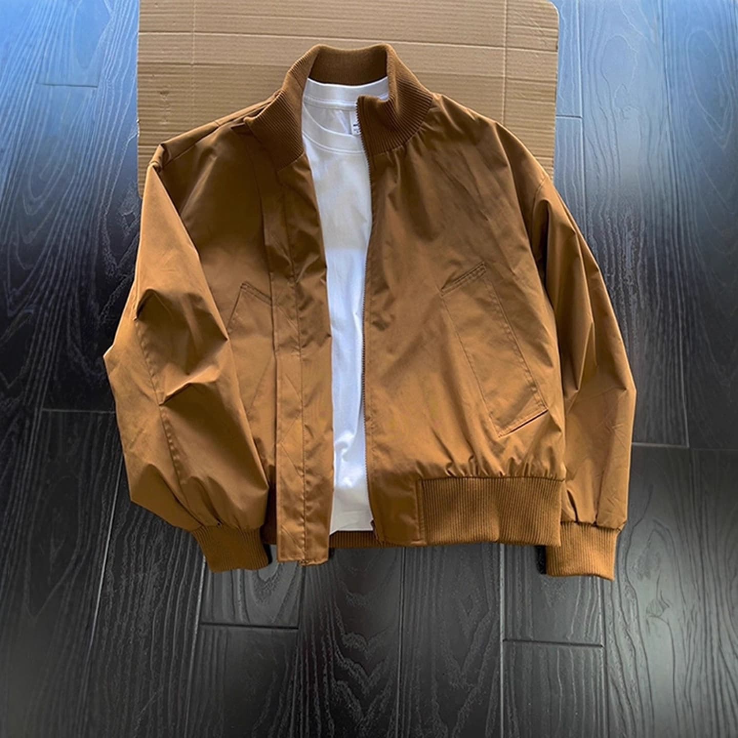 Brown American Short Bomber Jacket for Men, Fall Stand Collar Baseball Jacket, High-End Workwear Coat